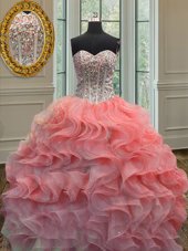 Lilac Ball Gowns Straps Sleeveless Organza Floor Length Zipper Beading and Ruffles 15th Birthday Dress