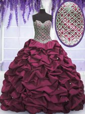 Sequins Pick Ups Burgundy Sleeveless Taffeta Lace Up Vestidos de Quinceanera for Military Ball and Sweet 16 and Quinceanera