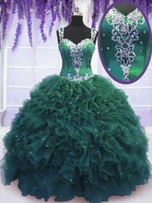 Modern Dark Green Ball Gowns Tulle Straps Sleeveless Beading and Ruffles Floor Length Zipper Quinceanera Gowns