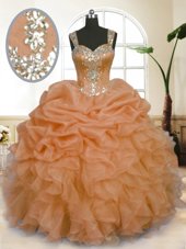 Best Selling Floor Length Orange Quinceanera Dresses Organza Sleeveless Beading and Ruffles and Pick Ups
