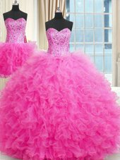 Fancy Three Piece Rose Pink Ball Gowns Beading and Ruffles 15th Birthday Dress Lace Up Tulle Sleeveless Floor Length