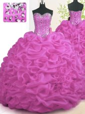 Sweetheart Sleeveless Quinceanera Gown With Brush Train Beading and Ruffles Fuchsia Organza