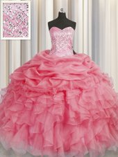 Organza Sweetheart Sleeveless Lace Up Beading and Ruffles Ball Gown Prom Dress in Coral Red