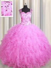 Beauteous See Through Zipper Up Sleeveless Tulle Floor Length Zipper Sweet 16 Dresses in Rose Pink for with Beading and Ruffles