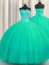 Luxurious Really Puffy Turquoise Sweetheart Lace Up Beading Quinceanera Dresses Sleeveless