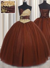 Beautiful Sleeveless Tulle Floor Length Lace Up Quinceanera Dress in Burgundy for with Beading and Appliques