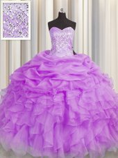 Super Lilac Organza Lace Up Sweetheart Sleeveless Floor Length 15 Quinceanera Dress Beading and Ruffles