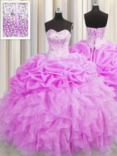 Visible Boning Lilac Sleeveless Floor Length Beading and Ruffles and Pick Ups Lace Up Quinceanera Dress