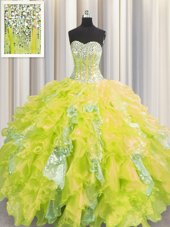 Visible Boning Sleeveless Floor Length Beading and Ruffles and Sequins Lace Up Sweet 16 Dress with Yellow