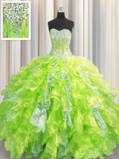 Excellent Visible Boning Yellow Green Sleeveless Beading and Ruffles and Sequins Floor Length Sweet 16 Dress
