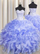 Visible Boning Zipper Up Lavender Sleeveless Floor Length Beading and Ruffles Zipper Ball Gown Prom Dress