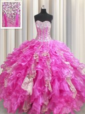 Amazing Visible Boning Sleeveless Beading and Ruffles and Sequins Lace Up Quinceanera Gowns