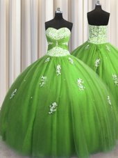 Affordable Green Sweetheart Neckline Beading and Appliques Quinceanera Gown Sleeveless Lace Up