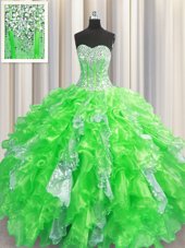 Visible Boning Sleeveless Beading and Ruffles and Sequins Floor Length Quinceanera Dress