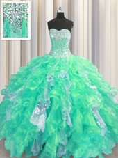 Popular Turquoise Sweetheart Neckline Beading and Ruffles and Sequins Sweet 16 Quinceanera Dress Sleeveless Lace Up