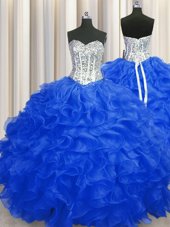 Organza Sweetheart Sleeveless Lace Up Beading and Ruffles 15 Quinceanera Dress in Royal Blue