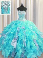 Visible Boning Sleeveless Organza and Sequined Floor Length Lace Up Quinceanera Dresses in Aqua Blue for with Beading and Ruffles and Sequins