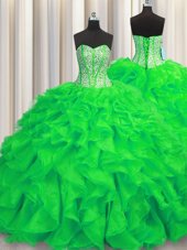 Top Selling Visible Boning Green Sleeveless Brush Train Beading and Ruffles Quinceanera Gown
