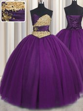 Modest Purple Ball Gowns Tulle Sweetheart Sleeveless Beading and Appliques Floor Length Lace Up Quinceanera Dress