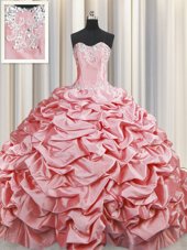 Pick Ups Baby Pink Sleeveless Taffeta Brush Train Lace Up Sweet 16 Dresses for Military Ball and Sweet 16 and Quinceanera