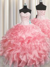 Visible Boning Zipper Up Organza Sweetheart Sleeveless Zipper Beading and Ruffles Ball Gown Prom Dress in Baby Pink