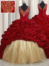 On Sale Red Taffeta Lace Up Quinceanera Gown Sleeveless Sweep Train Beading and Appliques and Pick Ups
