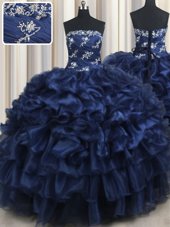 Beauteous Floor Length Lace Up Quinceanera Dress Navy Blue and In for Military Ball and Sweet 16 and Quinceanera with Appliques and Ruffles and Pick Ups