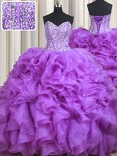 Sumptuous Beading and Ruffles 15th Birthday Dress Lilac Lace Up Sleeveless Sweep Train