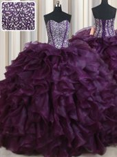 Beautiful Dark Purple Lace Up Sweetheart Beading and Ruffles Vestidos de Quinceanera Organza Sleeveless