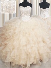 Champagne Ball Gowns Sweetheart Sleeveless Organza Floor Length Lace Up Beading and Ruffles Sweet 16 Dresses