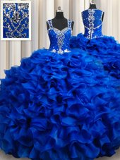 Stunning Straps Straps Royal Blue Ball Gowns Beading and Appliques and Ruffles 15th Birthday Dress Lace Up Organza Sleeveless Floor Length