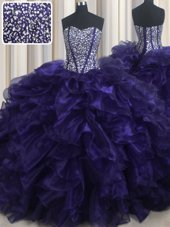 Sleeveless Brush Train Lace Up With Train Beading and Ruffles Quinceanera Dresses