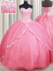 Best Watermelon Red Sleeveless Organza Brush Train Lace Up Sweet 16 Quinceanera Dress for Military Ball and Sweet 16 and Quinceanera