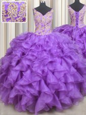 Custom Design Purple Ball Gowns Beading and Appliques and Ruffles Quinceanera Dresses Lace Up Organza Sleeveless Floor Length