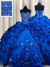 Royal Blue Taffeta Lace Up Sweetheart Sleeveless Floor Length Quinceanera Gowns Beading and Embroidery and Sequins and Pick Ups