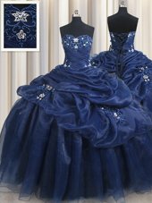 Pick Ups Navy Blue Sleeveless Organza Lace Up Ball Gown Prom Dress for Military Ball and Sweet 16 and Quinceanera