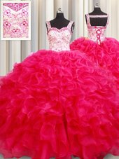 Sophisticated Straps Straps Hot Pink Ball Gowns Embroidery and Ruffles Sweet 16 Quinceanera Dress Lace Up Organza Sleeveless Floor Length