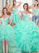 Four Piece Apple Green Organza Lace Up Quinceanera Gowns Sleeveless Floor Length Beading and Ruffles and Pick Ups