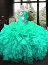 Turquoise Organza Lace Up Strapless Sleeveless Floor Length Sweet 16 Dress Embroidery and Ruffles