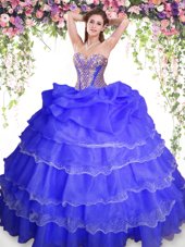 Classical Blue Organza Lace Up Sweetheart Sleeveless Floor Length 15th Birthday Dress Beading and Ruffled Layers and Pick Ups