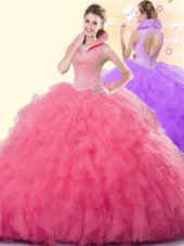 Floor Length Ball Gowns Sleeveless Coral Red Quinceanera Dresses Backless
