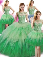 Elegant Four Piece Green Ball Gowns Scoop Sleeveless Tulle Floor Length Lace Up Beading and Ruffles Ball Gown Prom Dress