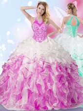 Stunning Multi-color Ball Gowns Organza Halter Top Sleeveless Beading and Ruffles and Pick Ups Floor Length Lace Up Sweet 16 Dress
