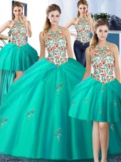 Fashion Four Piece Pick Ups Halter Top Sleeveless Lace Up Sweet 16 Dresses Turquoise Tulle