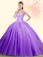Lilac Ball Gowns Tulle Sweetheart Sleeveless Beading Floor Length Lace Up Quince Ball Gowns