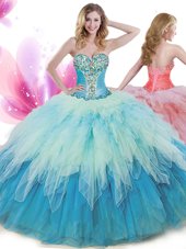 Fabulous Multi-color Ball Gowns Sweetheart Sleeveless Tulle Floor Length Lace Up Beading and Ruffles Sweet 16 Quinceanera Dress