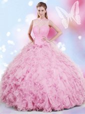 Custom Fit Rose Pink Tulle Lace Up Halter Top Sleeveless Floor Length 15th Birthday Dress Beading and Ruffles