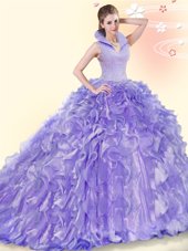 Backless Organza Sleeveless Sweet 16 Quinceanera Dress Brush Train and Beading and Ruffles