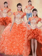 Four Piece With Train Orange Red Ball Gown Prom Dress Straps Sleeveless Brush Train Lace Up