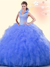 Comfortable Sleeveless Floor Length Beading and Ruffles Backless Quinceanera Dress with Blue